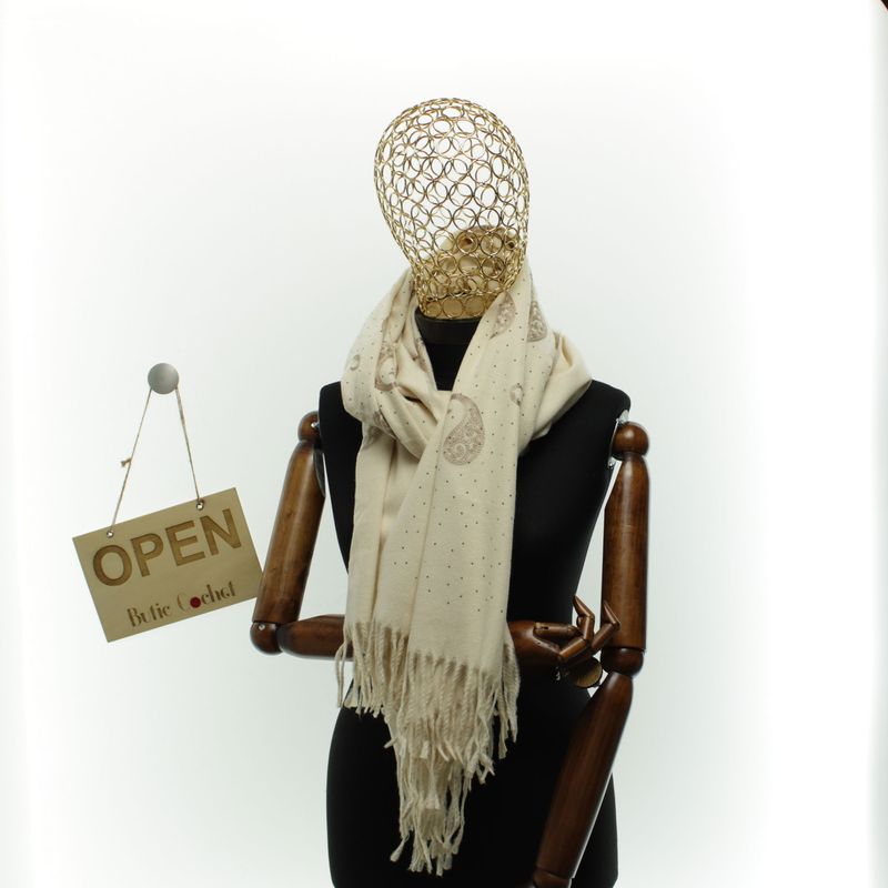 Fashion, accesorii si bijuterii - Femei - Accesorii femei - Esarfe si fulare femei - Esarfa dama, din lana, Buticcochet, 70x180 cm, model cu broderie si strasuri, Bej - ES3523 - Infinity.ro