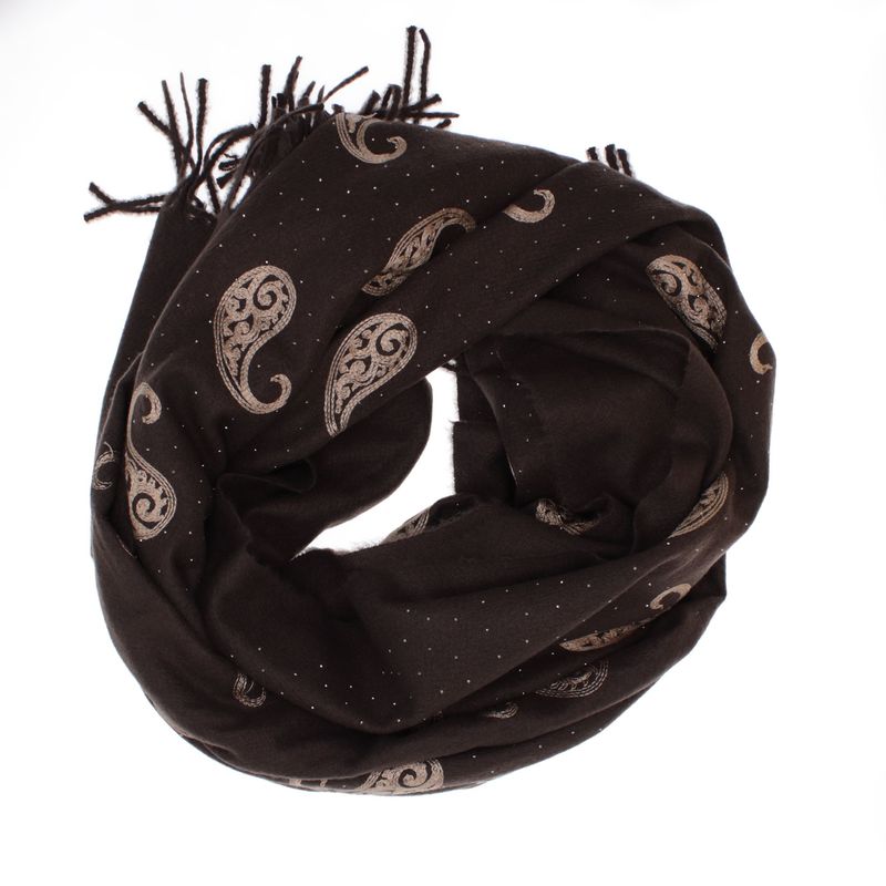 Fashion, accesorii si bijuterii - Femei - Accesorii femei - Esarfe si fulare femei - Esarfa dama, din lana, Buticcochet, 70x180 cm, model cu broderie si strasuri, Maro inchis - ES3524 - Infinity.ro