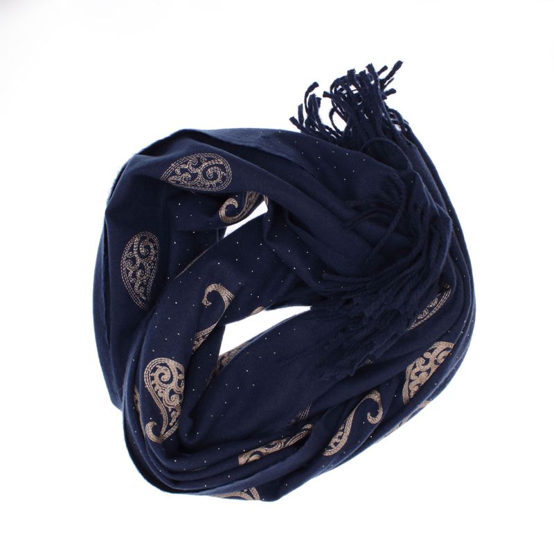 Fashion, accesorii si bijuterii - Femei - Accesorii femei - Esarfe si fulare femei - Esarfa dama, din lana, Buticcochet, 70x180 cm, model cu broderie si strasuri, Bleumarin - ES3521 - Infinity.ro