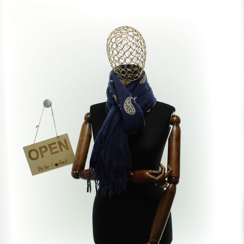 Fashion, accesorii si bijuterii - Femei - Accesorii femei - Esarfe si fulare femei - Esarfa dama, din lana, Buticcochet, 70x180 cm, model cu broderie si strasuri, Bleumarin - ES3521 - Infinity.ro
