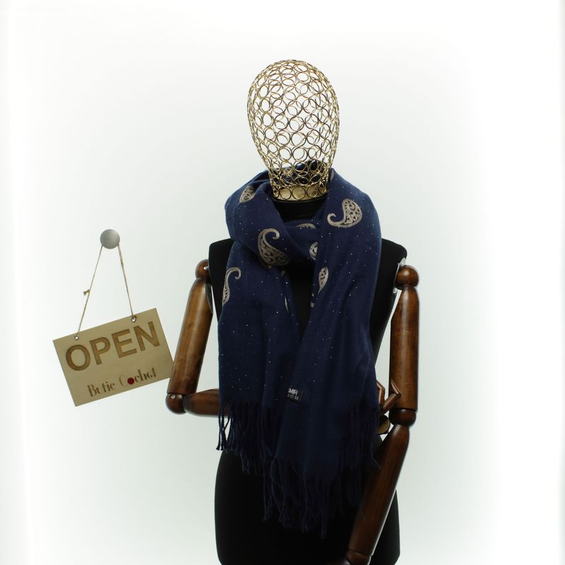 Fashion, accesorii si bijuterii - Femei - Accesorii femei - Esarfe si fulare femei - Esarfa dama, din lana, Buticcochet, 70x180 cm, model cu broderie si strasuri, Bleumarin - ES3521 - Infinity.ro