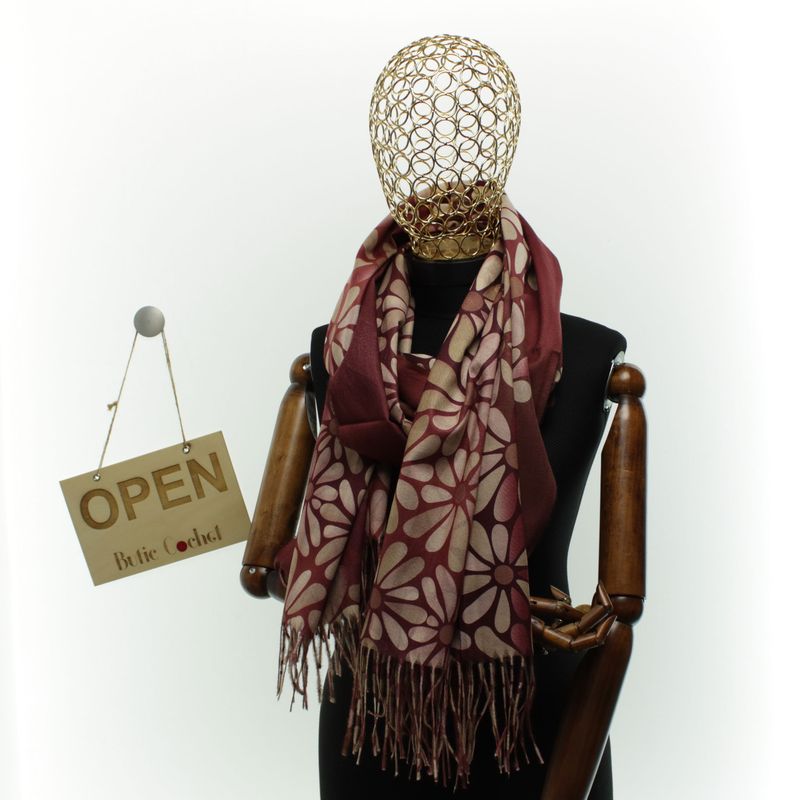 Fashion, accesorii si bijuterii - Femei - Accesorii femei - Esarfe si fulare femei - Esarfa dama, din lana, Buticcochet, 70x180 cm, cu imprimeu floral si franjuri, Visiniu - ES3541 - Infinity.ro