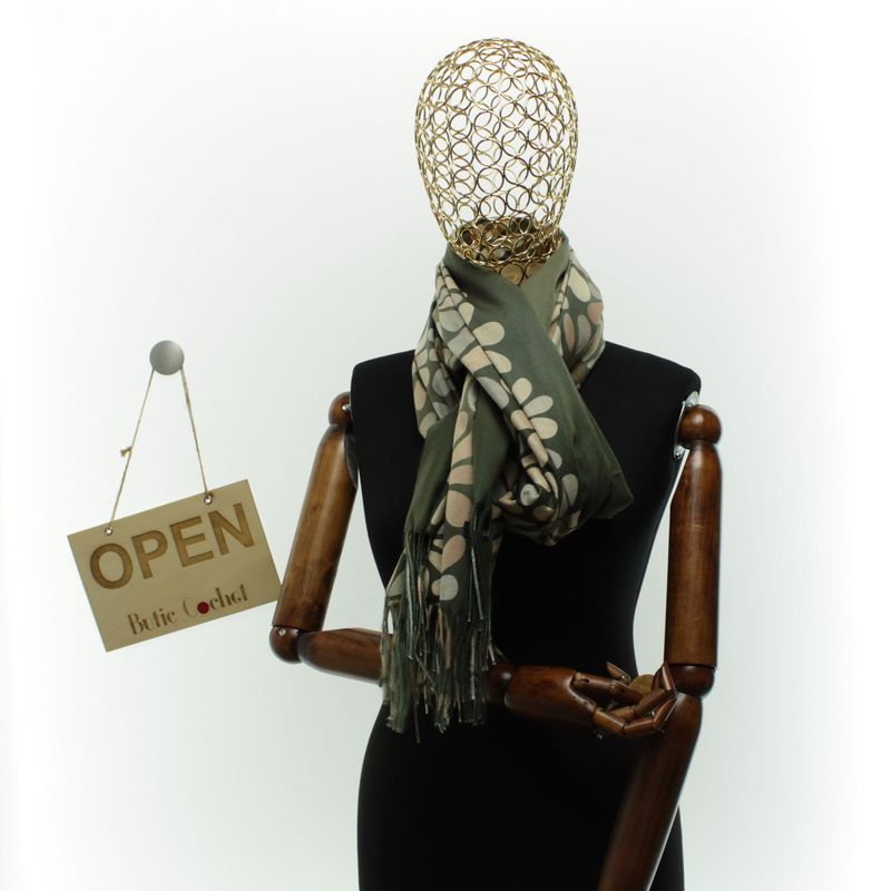 Fashion, accesorii si bijuterii - Femei - Accesorii femei - Esarfe si fulare femei - Esarfa dama, din lana, Buticcochet, 70x180 cm, cu imprimeu floral si franjuri, Kaki - ES3542 - Infinity.ro