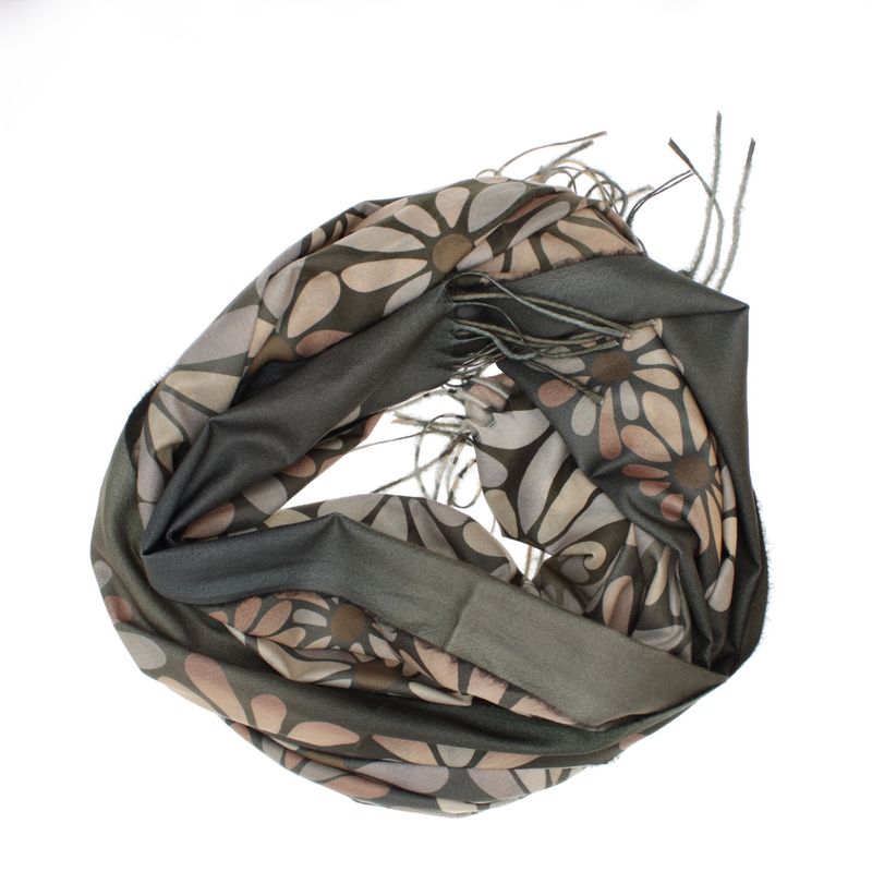 Fashion, accesorii si bijuterii - Femei - Accesorii femei - Esarfe si fulare femei - Esarfa dama, din lana, Buticcochet, 70x180 cm, cu imprimeu floral si franjuri, Kaki - ES3542 - Infinity.ro