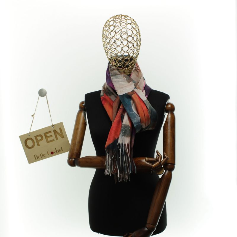 Fashion, accesorii si bijuterii - Femei - Accesorii femei - Esarfe si fulare femei - Esarfa dama, din lana, Buticcochet, 70x180 cm, cu imprimeu floral si franjuri, Multicolor - ES3557 - Infinity.ro
