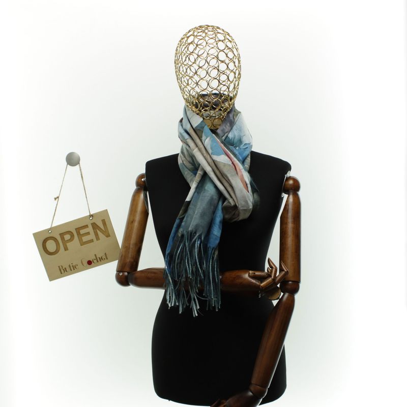 Fashion, accesorii si bijuterii - Femei - Accesorii femei - Esarfe si fulare femei - Esarfa dama, din lana, Buticcochet, 70x180 cm, cu imprimeu floral si franjuri, Albastru - ES3556 - Infinity.ro