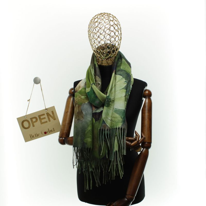 Fashion, accesorii si bijuterii - Femei - Accesorii femei - Esarfe si fulare femei - Esarfa dama, din lana, Buticcochet, 70x180 cm, cu imprimeu floral si franjuri, Verde - ES3558 - Infinity.ro