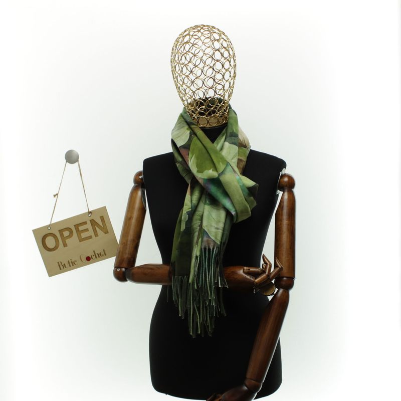 Fashion, accesorii si bijuterii - Femei - Accesorii femei - Esarfe si fulare femei - Esarfa dama, din lana, Buticcochet, 70x180 cm, cu imprimeu floral si franjuri, Verde - ES3558 - Infinity.ro