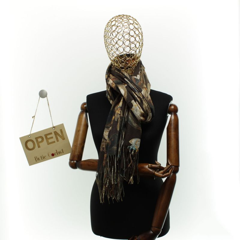 Fashion, accesorii si bijuterii - Femei - Accesorii femei - Esarfe si fulare femei - Esarfa dama, din lana, Buticcochet, 70x180 cm, imprimeu cu flori stilizate, maro inchis - ES3588 - Infinity.ro