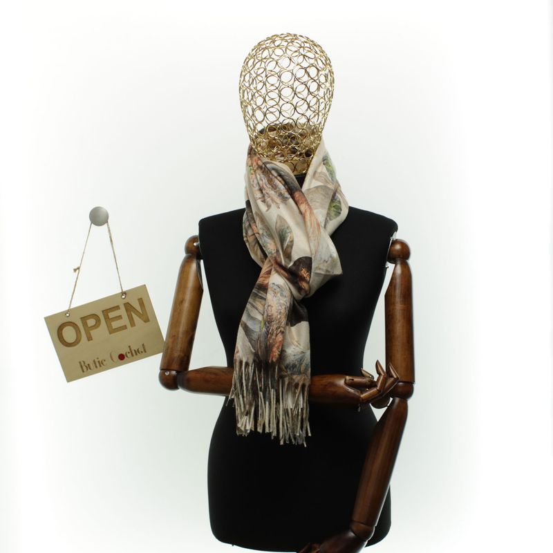Fashion, accesorii si bijuterii - Femei - Accesorii femei - Esarfe si fulare femei - Esarfa dama, din lana, Buticcochet, 70x180 cm, imprimeu cu flori stilizate, Bej - ES3584 - Infinity.ro