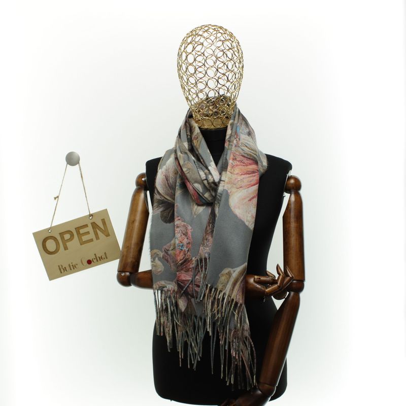 Fashion, accesorii si bijuterii - Femei - Accesorii femei - Esarfe si fulare femei - Esarfa dama, din lana, Buticcochet, 70x180 cm, imprimeu cu flori stilizate, Gri - ES3583 - Infinity.ro