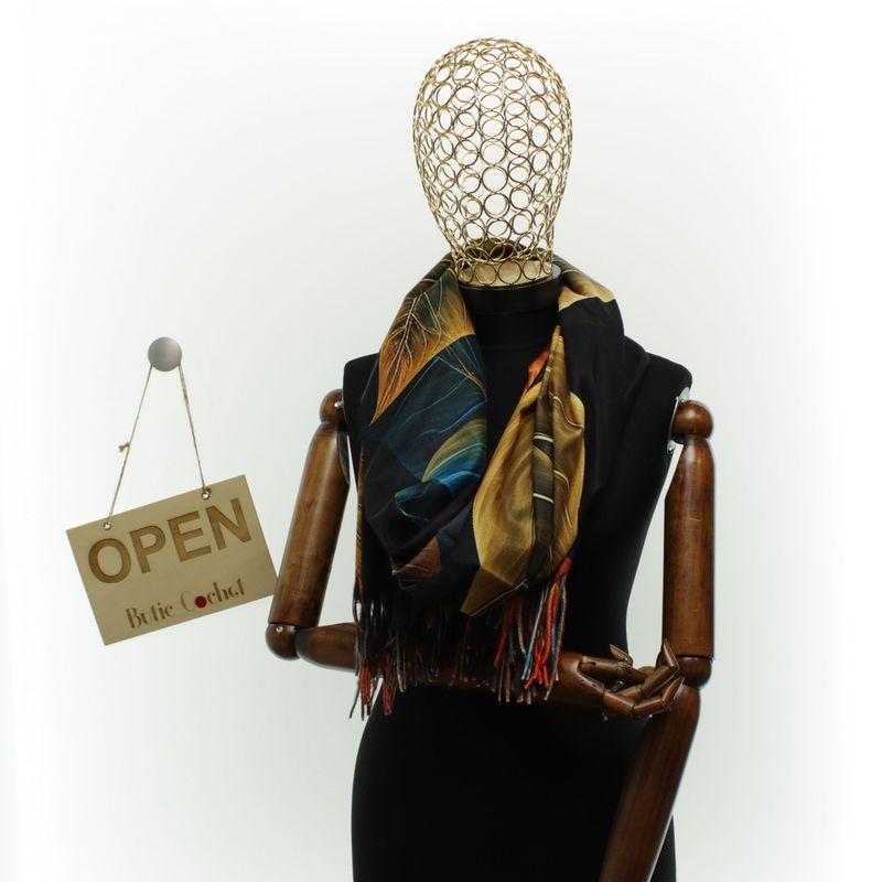 Fashion, accesorii si bijuterii - Femei - Accesorii femei - Esarfe si fulare femei - Esarfa dama, din lana, Buticcochet, 70x180 cm, imprimeu cu frunze, Multicolor - ES3581 - Infinity.ro