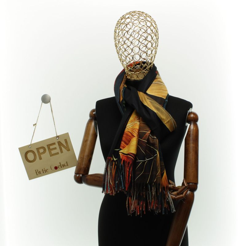Fashion, accesorii si bijuterii - Femei - Accesorii femei - Esarfe si fulare femei - Esarfa dama, din lana, Buticcochet, 70x180 cm, imprimeu cu frunze, Multicolor - ES3581 - Infinity.ro