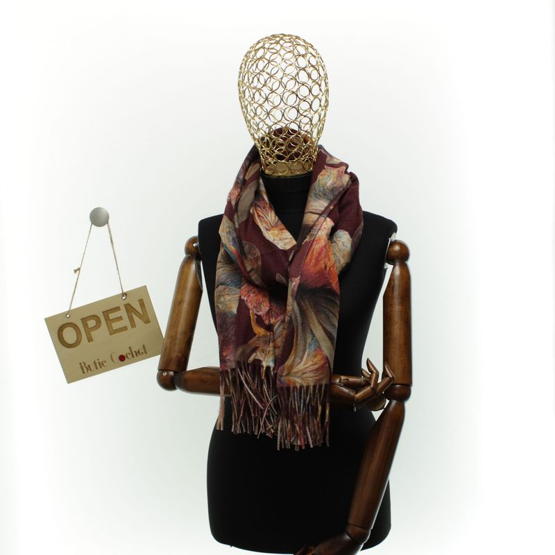 Fashion, accesorii si bijuterii - Femei - Accesorii femei - Esarfe si fulare femei - Esarfa dama, din lana, Buticcochet, 70x180 cm, imprimeu cu flori stilizte, Visiniu - ES3582 - Infinity.ro