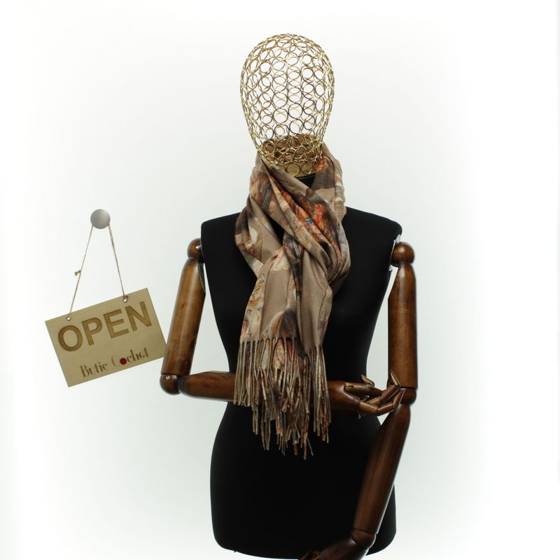 Fashion, accesorii si bijuterii - Femei - Accesorii femei - Esarfe si fulare femei - Esarfa dama, din lana, Buticcochet, 70x180 cm, imprimeu cu flori stilizate, Maro - ES3586 - Infinity.ro
