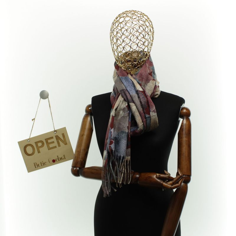 Fashion, accesorii si bijuterii - Femei - Accesorii femei - Esarfe si fulare femei - Esarfa dama, din lana, Buticcochet, 70x180 cm, imprimeu cu frunze, Visiniu - ES3591 - Infinity.ro