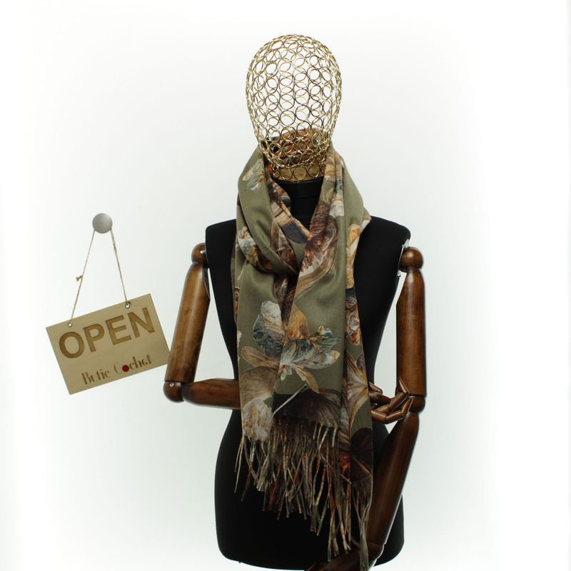 Fashion, accesorii si bijuterii - Femei - Accesorii femei - Esarfe si fulare femei - Esarfa dama, din lana, Buticcochet, 70x180 cm, imprimeu cu flori stilizate, Kaki - ES3587 - Infinity.ro