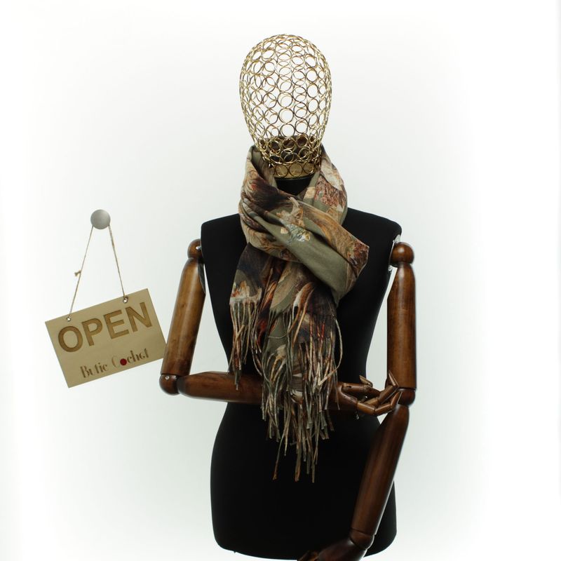 Fashion, accesorii si bijuterii - Femei - Accesorii femei - Esarfe si fulare femei - Esarfa dama, din lana, Buticcochet, 70x180 cm, imprimeu cu flori stilizate, Kaki - ES3587 - Infinity.ro