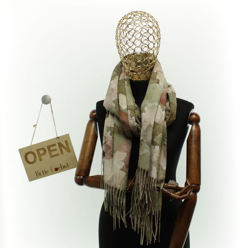 Fashion, accesorii si bijuterii - Femei - Accesorii femei - Esarfe si fulare femei - Esarfa dama, din lana, Buticcochet, 70x180 cm, imprimeu cu frunze, Kaki - ES3594 - Infinity.ro