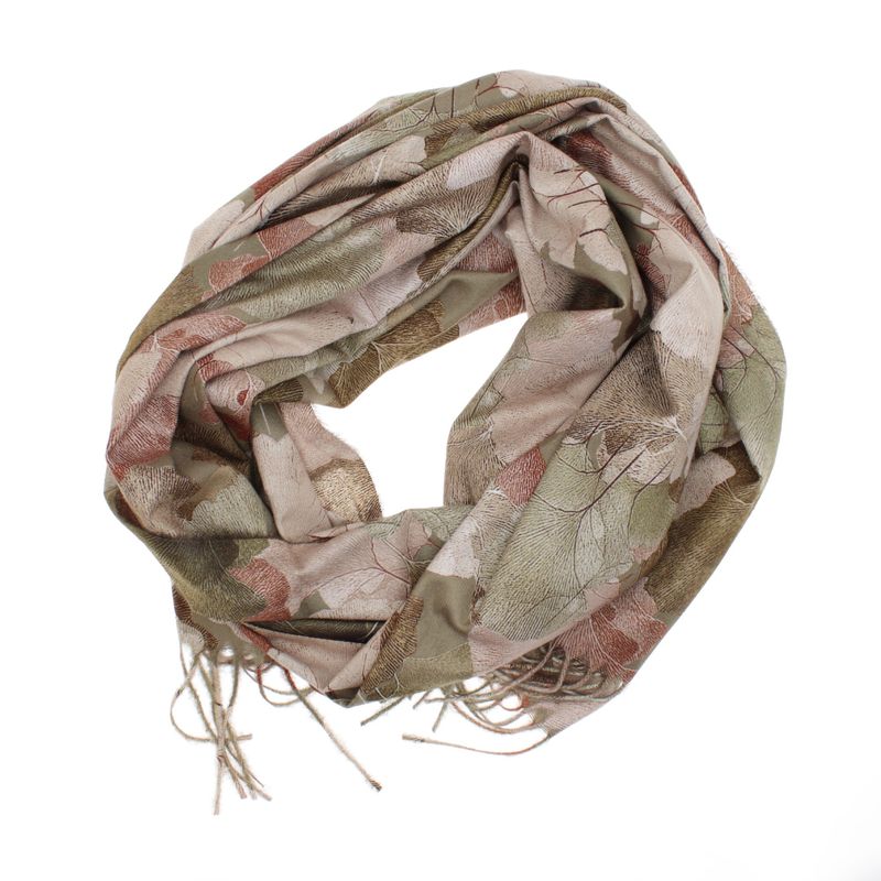 Fashion, accesorii si bijuterii - Femei - Accesorii femei - Esarfe si fulare femei - Esarfa dama, din lana, Buticcochet, 70x180 cm, imprimeu cu frunze, Kaki - ES3594 - Infinity.ro