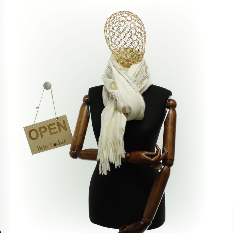 Fashion, accesorii si bijuterii - Femei - Accesorii femei - Esarfe si fulare femei - Esarfa dama, din lana, Buticcochet, 70x180 cm, model cu boderie, Alb - ES3440 - Infinity.ro