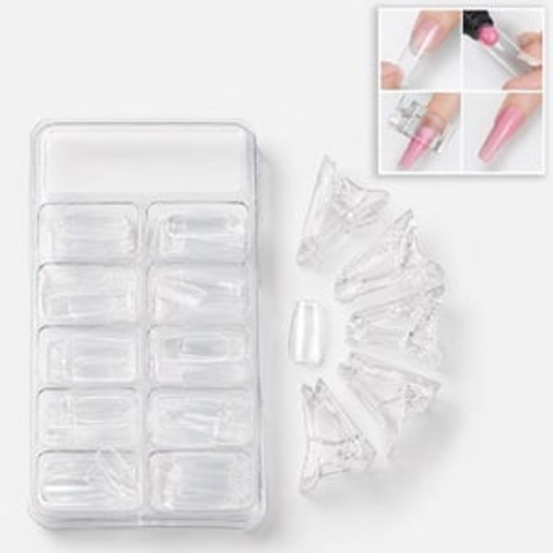 Ingrijire personala si Cosmetice - Manichiura si pedichiura - Produse nail art - Set Forme Reutilizabile pentru Unghii, Square, 100 buc, cu 5 Clipsuri, Transparent - Infinity.ro