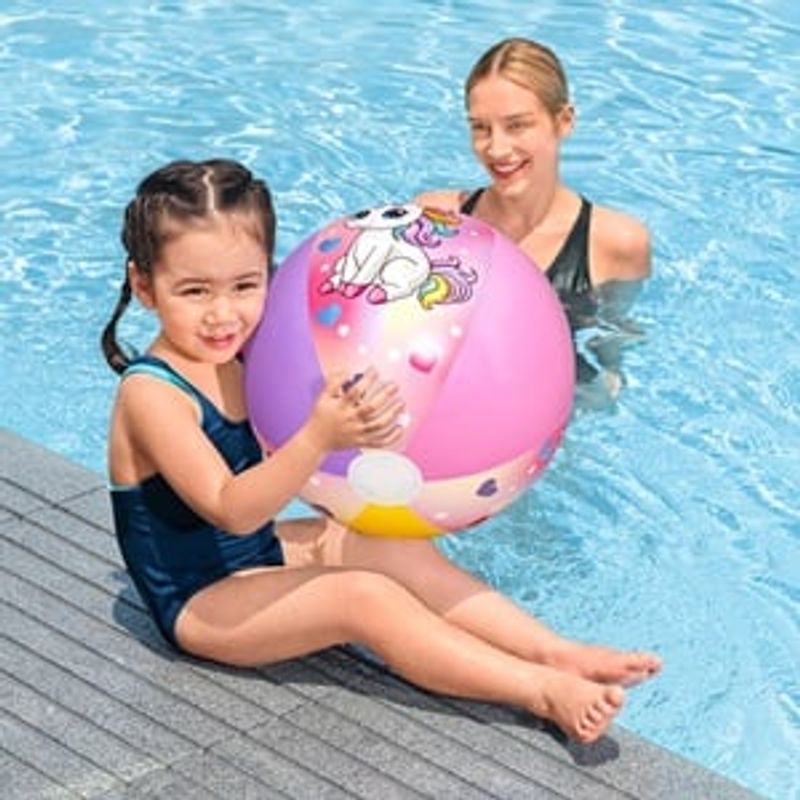Jucarii, Copii si Bebe - Jucarii si jocuri - Jucarii de exterior - Saltele si mingi pentru plaja - Minge gonflabila de plaja cu model unicorn, 51 cm, roz si mov - Infinity.ro
