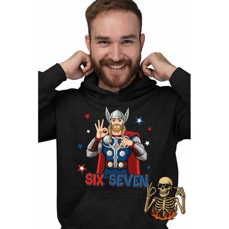 Fashion, accesorii si bijuterii - Barbati - Imbracaminte - Hanorace barbati - Hanorac Barbati Six Seven Thor 67 Marvel Superhero, negru, marime L - Infinity.ro