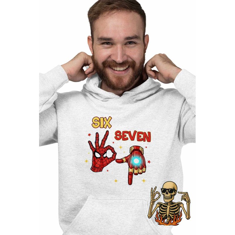 Fashion, accesorii si bijuterii - Barbati - Imbracaminte - Hanorace barbati - Hanorac Barbati Six Seven Spiderman Ironman 67 Marvel Superhero, alb, marime L - Infinity.ro