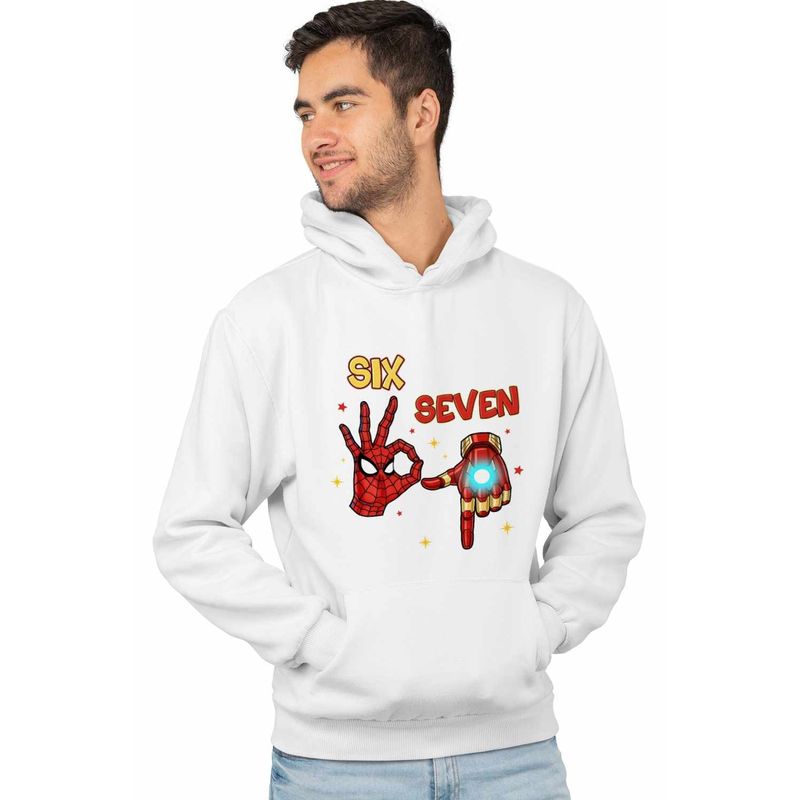 Fashion, accesorii si bijuterii - Barbati - Imbracaminte - Hanorace barbati - Hanorac Barbati Six Seven Spiderman Ironman 67 Marvel Superhero, alb, marime L - Infinity.ro