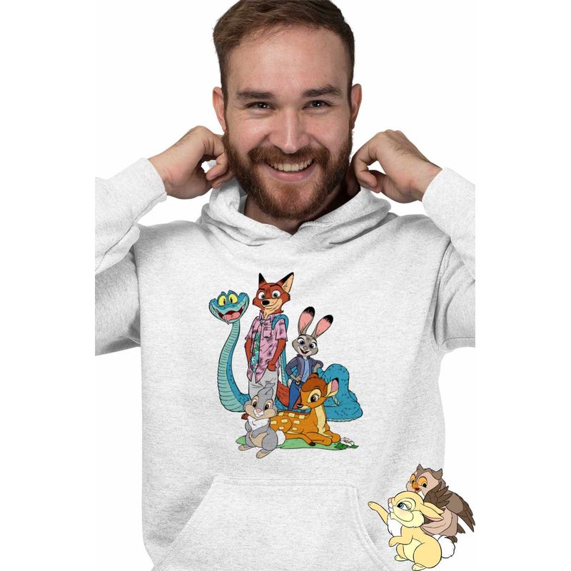 Fashion, accesorii si bijuterii - Barbati - Imbracaminte - Hanorace barbati - Hanorac Personalizat Barbati Bambi Zootopia Iepuras Sarpe Vulpe, alb, marime L - Infinity.ro