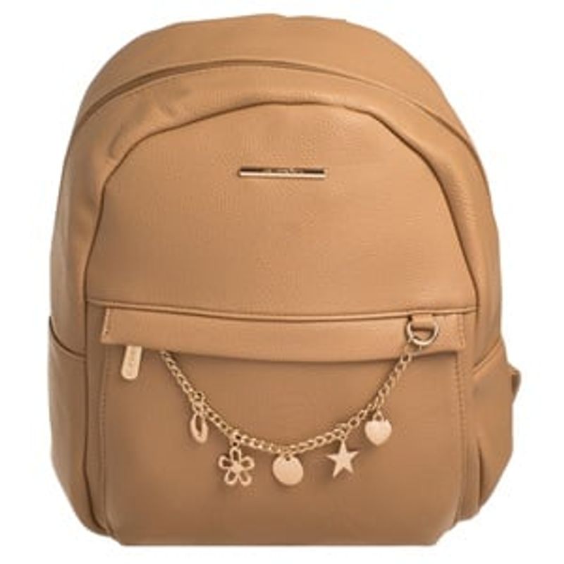 Fashion, accesorii si bijuterii - Femei - Accesorii femei - Genti si rucsacuri femei - Rucsac dama bej cu lant si charms aurii, 24x12x32cm - Infinity.ro