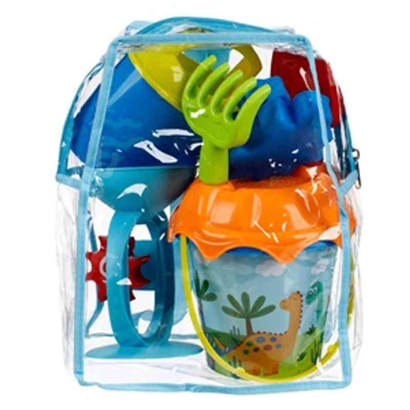 Jucarii, Copii si Bebe - Jucarii si jocuri - Jucarii de exterior - Jucarii pentru plaja si nisip - Set Galeata de Plaja cu Dinozauri si 6 Accesorii, Rucsac Inclus, Multicolor - Infinity.ro