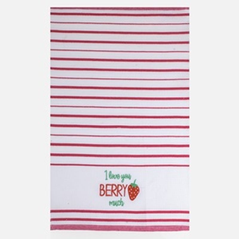 Casa si Gradina - Textile si covoare - Textile bucatarie - Servete si naproane - Prosop de bucatarie cu dungi rosii si broderie capsuna, 60x40 cm - Infinity.ro