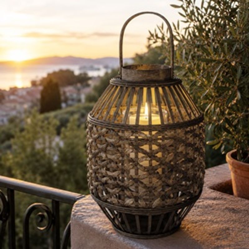 Casa si Gradina - Corpuri si surse de iluminat - Iluminat exterior - Felinare - Felinar cilindric din rattan impletit, maro, cu suport pentru lumanare - Infinity.ro