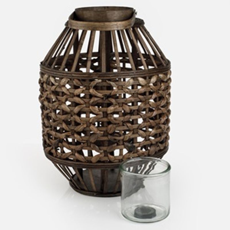 Casa si Gradina - Corpuri si surse de iluminat - Iluminat exterior - Felinare - Felinar cilindric din rattan impletit, maro, cu suport pentru lumanare - Infinity.ro