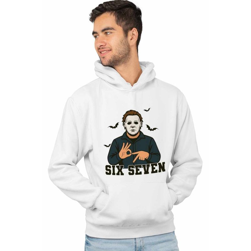 Fashion, accesorii si bijuterii - Barbati - Imbracaminte - Hanorace barbati - Hanorac Barbati Six Seven Horror Michael Myers 67 Halloween, alb, marime L - Infinity.ro