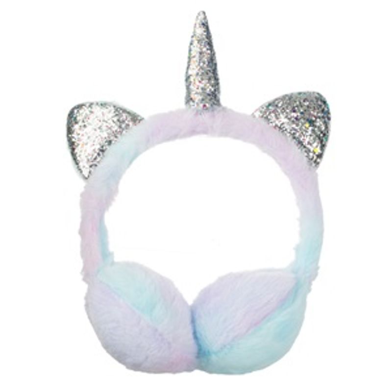 Fashion, accesorii si bijuterii - Copii - Accesorii copii - Caciuli si palarii copii - Aparatoare de urechi pentru copii, cu blana artificiala, design Unicorn, Lila si Bleu cu Accente Glitter Argintiu, Marime Unica - Infinity.ro
