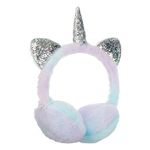 Fashion, accesorii si bijuterii - Copii - Accesorii copii - Caciuli si palarii copii - Aparatoare de urechi pentru copii, cu blana artificiala, design Unicorn, Lila si Bleu cu Accente Glitter Argintiu, Marime Unica - Infinity.ro