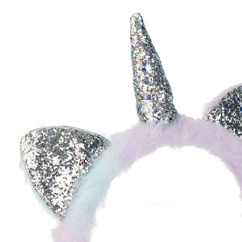 Fashion, accesorii si bijuterii - Copii - Accesorii copii - Caciuli si palarii copii - Aparatoare de urechi pentru copii, cu blana artificiala, design Unicorn, Lila si Bleu cu Accente Glitter Argintiu, Marime Unica - Infinity.ro