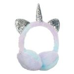Fashion, accesorii si bijuterii - Copii - Accesorii copii - Caciuli si palarii copii - Aparatoare de urechi pentru copii, cu blana artificiala, design Unicorn, Lila si Bleu cu Accente Glitter Argintiu, Marime Unica - Infinity.ro