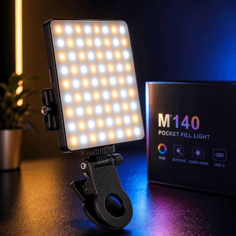 TV, Audio-Video si Foto - Aparate foto si accesorii - Accesorii foto si video - Alte accesorii foto & video - Lampa Video LED RGB KWMLIGHT M140 pentru Telefon si Laptop, Mini Lampa Vlog si Live Streaming, 3200K-6500K, USB-C - Infinity.ro
