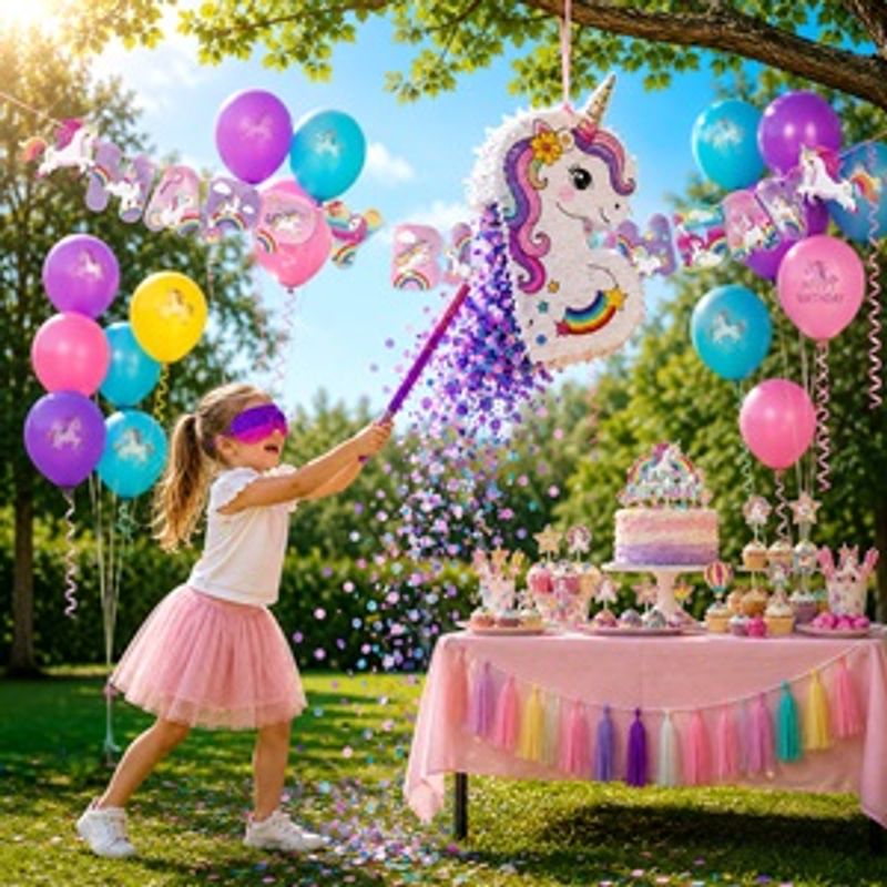 Casa si Gradina - Decoratiuni - Decoratiuni petrecere - Accesorii pentru petrecere - Set Party cu Piniata Unicorn, 52 Accesorii, Multicolor - Infinity.ro
