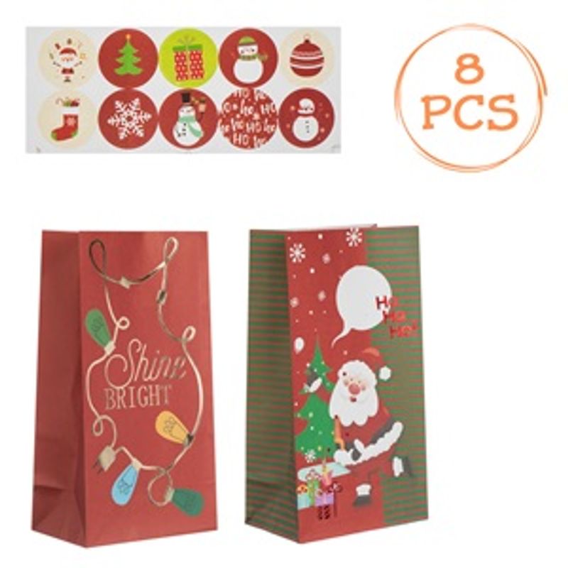 Market - Curatenie si intretinere casa - Produse bucatarie - Pungi si folii alimentare - Set 8 Pungi de Craciun din Carton cu Mos Craciun si Autocolante, 14.5x9x27cm, Rosii - Infinity.ro