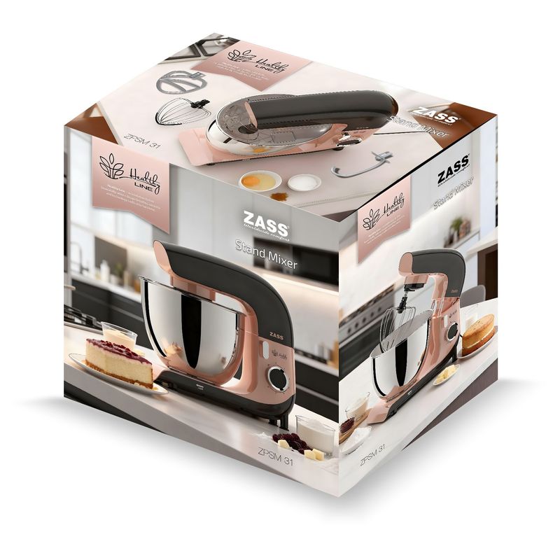 Electronice si Electrocasnice - Electrocasnice bucatarie - Mixere, tocatoare & roboti de bucatarie - Mixere - Mixer Planetar ZASS Healthy Line ZPSM 31, 2000W, 6L, Motor Cupru, 6 Viteze + Pulse, Angrenaje Metalice - Infinity.ro