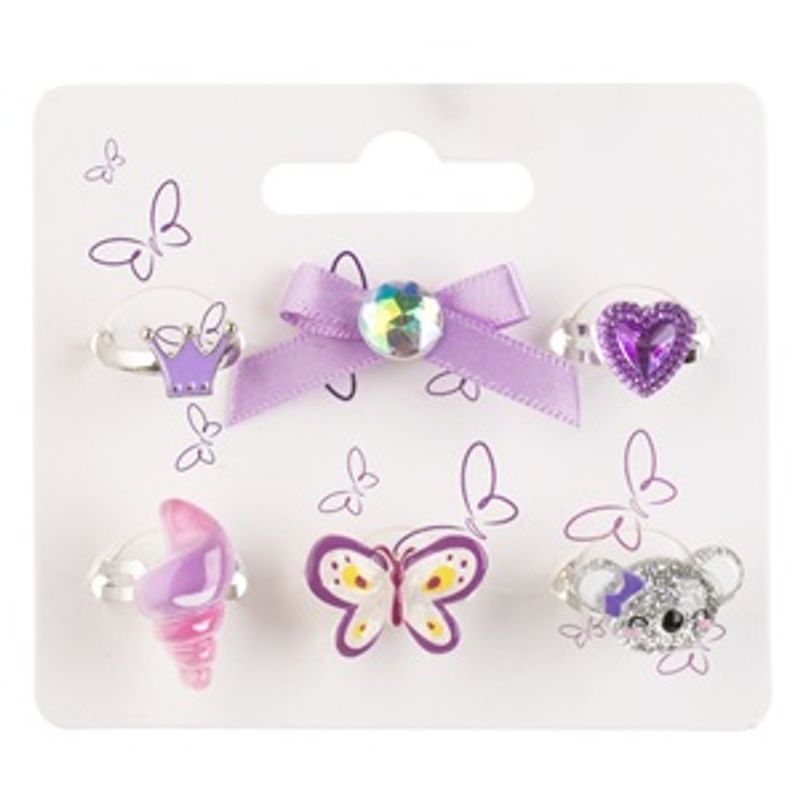 Fashion, accesorii si bijuterii - Copii - Accesorii copii - Bijuterii si ceasuri copii - Set 6 Inele Reglabile cu Figurine pentru Copii, Lila - Infinity.ro
