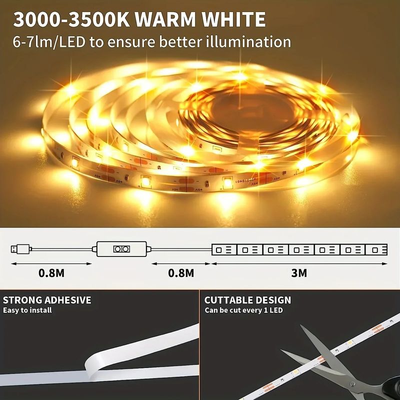 Casa si Gradina - Corpuri si surse de iluminat - Benzi LED - Banda LED KWMLIGHT 3M cu Senzor de Miscare prin Gesturi, Lumina Alba Calda 3000K, pentru Bucatarie, Dulap si Dressing - Infinity.ro