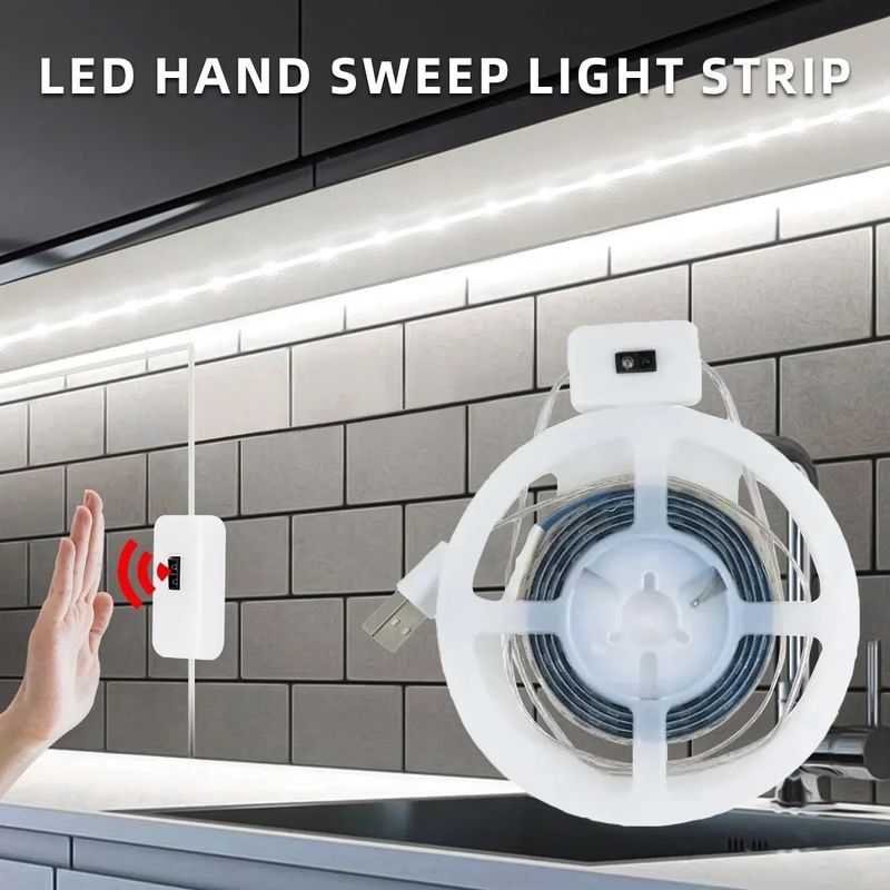Casa si Gradina - Corpuri si surse de iluminat - Benzi LED - Banda LED KWMLIGHT 3M cu Senzor de Miscare prin Gesturi, Lumina Alba Calda 3000K, pentru Bucatarie, Dulap si Dressing - Infinity.ro