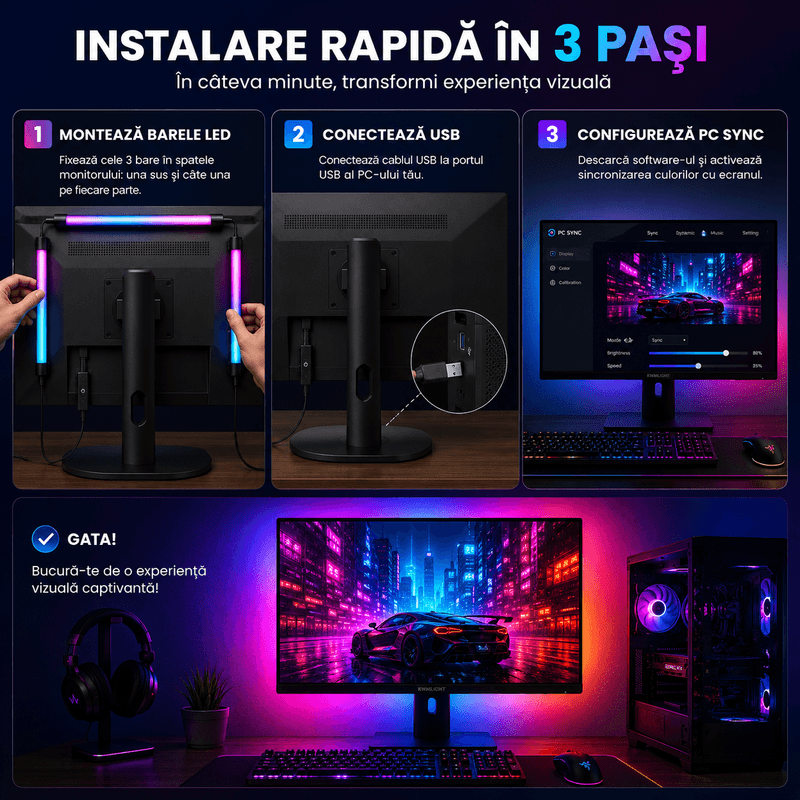 Casa si Gradina - Corpuri si surse de iluminat - Benzi LED - Banda LED RGB KWMLIGHT pentru Monitor 24 Inch, Kit PC Sync Backlight cu 3 Bare Rigide, Sincronizare Ecran, USB 5V - Infinity.ro