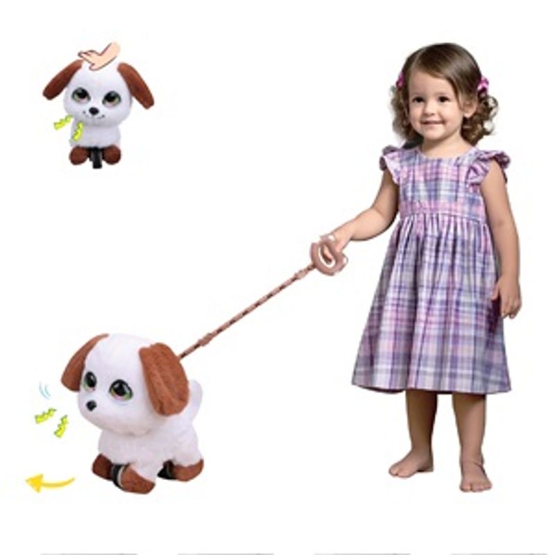 Jucarii, Copii si Bebe - Jucarii si jocuri - Jucarii de plus - Catelus de plus interactiv, Alb cu Maro, cu Lesa, Sunet si Miscare - Infinity.ro
